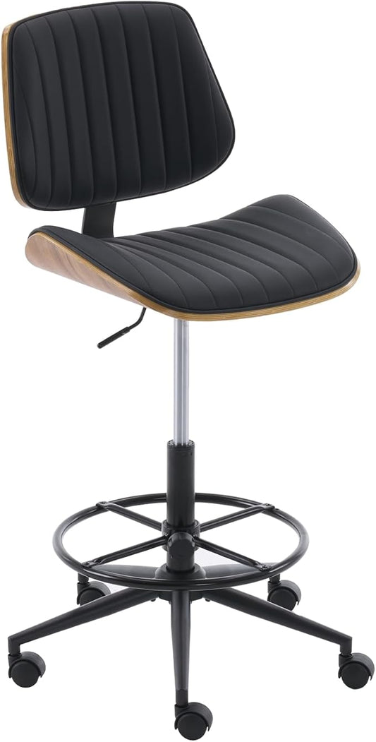 Drafting Home Office Chair, Swivel Desk Chair with Bend Wood Backrest, Ergonomic Office Chairs with Adjustable Height and Footrest Ring for Bar Lab Counter Height Desk and Drawing, Black