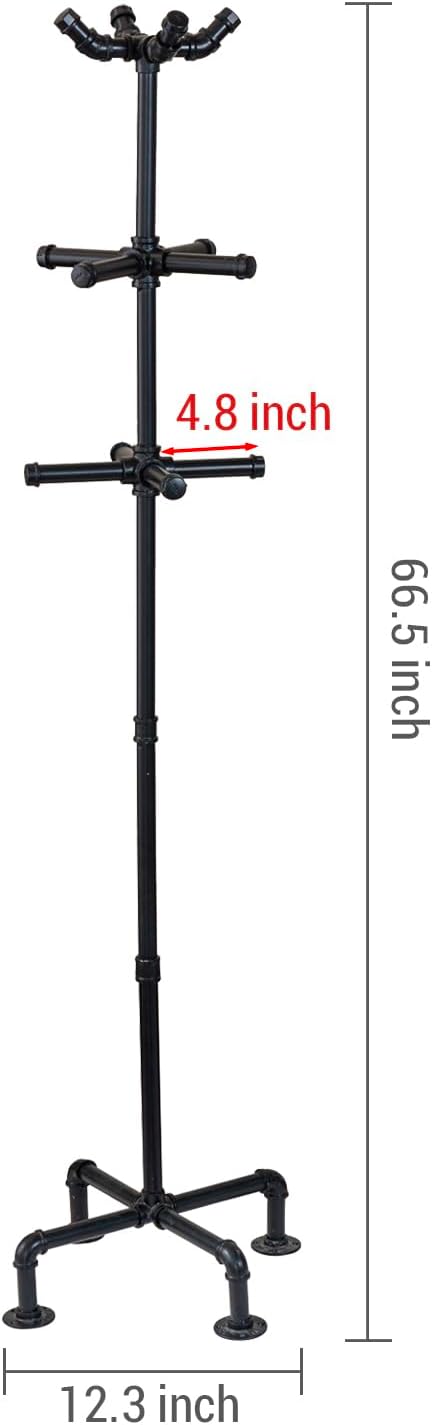 MyGift 64 Inch Industrial Black Metal Freestanding Coat Rack Stand with Realistic Pipe Design and 12 Hooks, Entryway Organizer for Hanging Coats, Hat, Handbags, Scarves