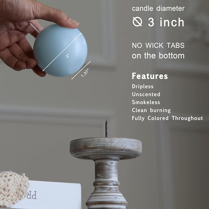 MOZEAL Hand-Poured, 3 Inch Baby Blue Round Ball Candles - Elegant Baby Blue Round Pillar Candles Set of 3, Dripless, Unscented, Smokeless, Ideal for Baby Showers.