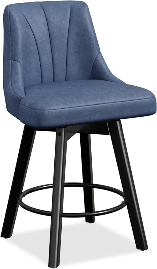 Counter Height Swivel Bar Stool, 24" Upholstered PU Leather Barstools, Counter Stool Chair with Back & Solid Wood Legs for Kitchen Island Dining Room (Blue)