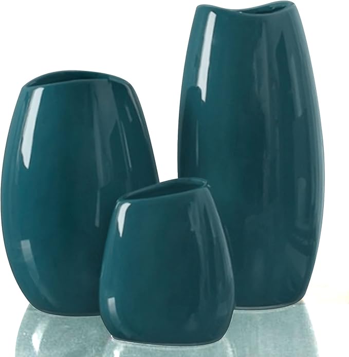 hjn Ceramic Vase Set of 3 Teal Flower Vase for Home Decor, Modern Decorative Vase for Flowers Vases for Your Ideal Shelf Decor/Table/Living Room/Kitchen/Office-Teal