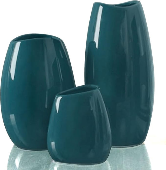 hjn Ceramic Vase Set of 3 Teal Flower Vase for Home Decor, Modern Decorative Vase for Flowers Vases for Your Ideal Shelf Decor/Table/Living Room/Kitchen/Office-Teal