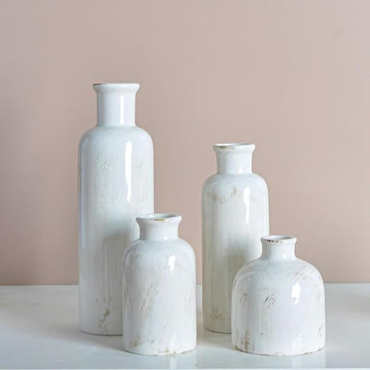 White Ceramic Vase Set, 10 Inch Farmhouse Decor Vase, Home Decorative Vases for Home Decor, Kitchen, Bedroom, Office, Living Room, Bathroom, Ideal Housewarming Gift(Old White)
