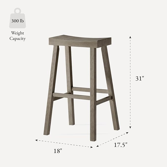 Maven Lane Kitchen Bar Stool, Modern Farmhouse Wood Barstool, Kitchen Island Chairs, Pub Bar Height Stools for Kitchen, Wide Comfortable Seat Backless Bar Stools, Vincent 31 Inch, Antiqued Grey