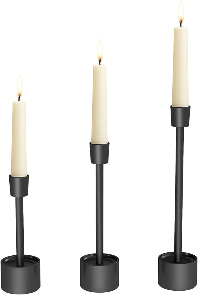 YUMORE 3-Pack Matte Black Tall Candle Holders - Pillar Candle Solid Stainless Steel Stands for Church, Wedding Centerpieces, Dining Table, Mantel Decor, Modern Farmhouse