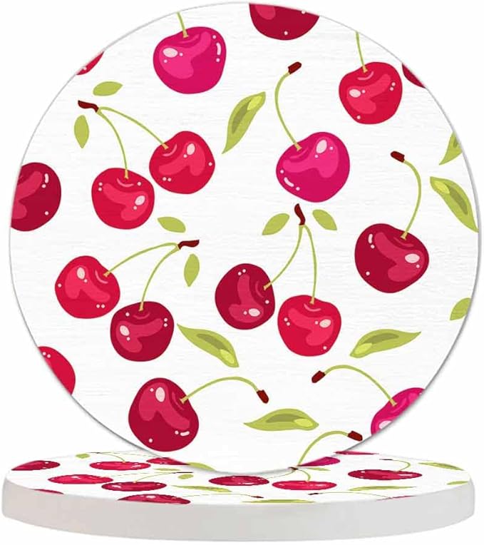 Cherry Berries Coasters for Drinks Office Coffee Table Healthy Fresh Fruit Food Glossy Leaf Organic Ripe Sweet Graphic Living Room Decor Set of 2 for Cold Drinks Wine Mugs and Cups 4 Inch