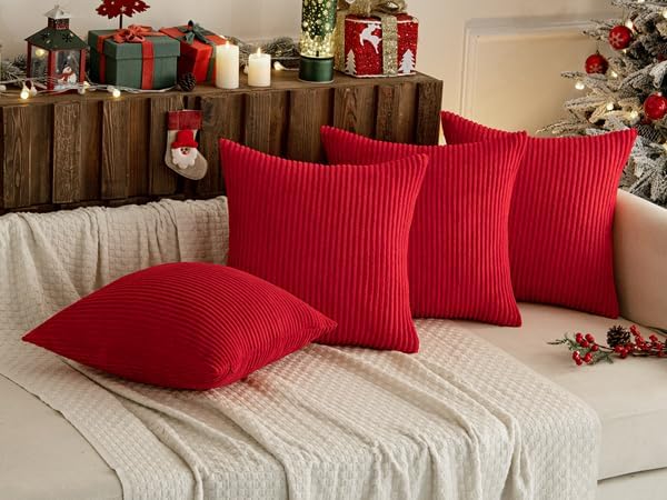 MIULEE Boho Farmhouse Throw Pillow Covers 18x18 Inch Set of 4 Mordern Nordic Cushion Covers Soft Corduroy Home Decor for Couch Bed Sofa Living Room Christmas Red