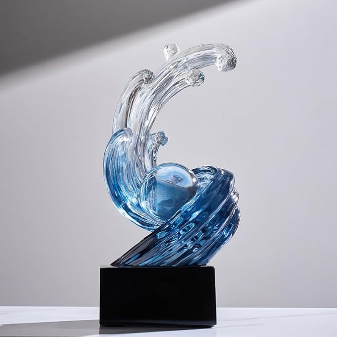 Modern Abstract Decorative Wave Statue, Blue Abstract Art Home Decor,Crystal Ball Art Wave Resin Sculpture, Office Desk Stand, Dining Table Center Decorative Aesthetics(B,Navy-Blue)
