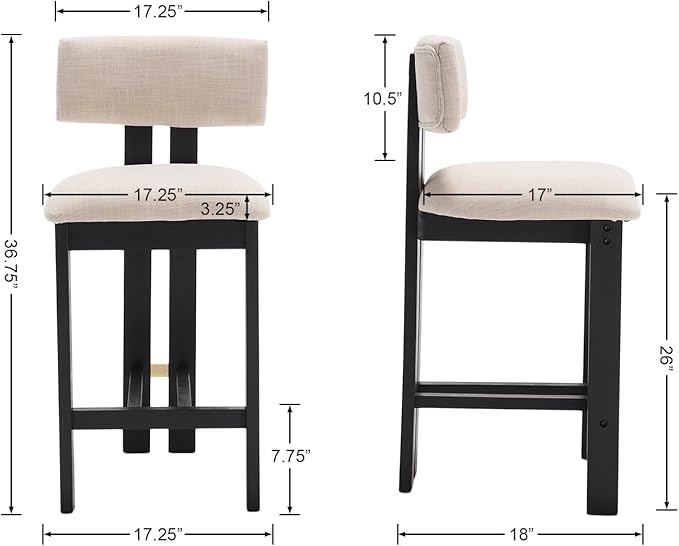 26" Counter Stools Set of 2 Counter Height Bar Stools with Back and Black Solid Wood Legs Modern Farmhouse Linen Upholstered Kitchen Bar Stools Countertop Bar Chairs, Beige