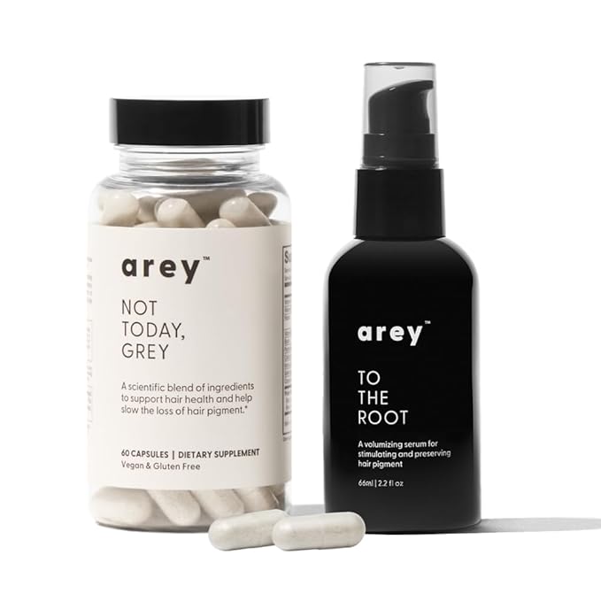 Arey The System Hair Serum and Supplements | Slows Grey Hair Growth, Promotes Healthier Hair & Repigments with Mela-9™ Complex, Antioxidants & Vitamins | Vegan, Oil-Free, Scent-Free (1 Month Supply)