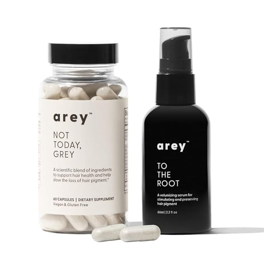 Arey The System Hair Serum and Supplements | Slows Grey Hair Growth, Promotes Healthier Hair & Repigments with Mela-9™ Complex, Antioxidants & Vitamins | Vegan, Oil-Free, Scent-Free (1 Month Supply)