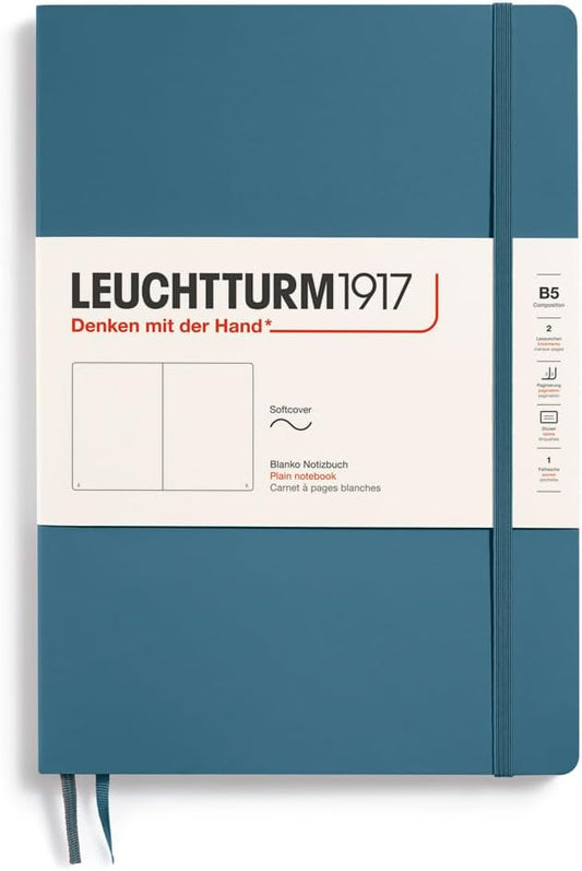 LEUCHTTURM1917 - Notebook Softcover Composition B5-123 Numbered Pages for Writing and Journaling (Plain, Stone Blue)