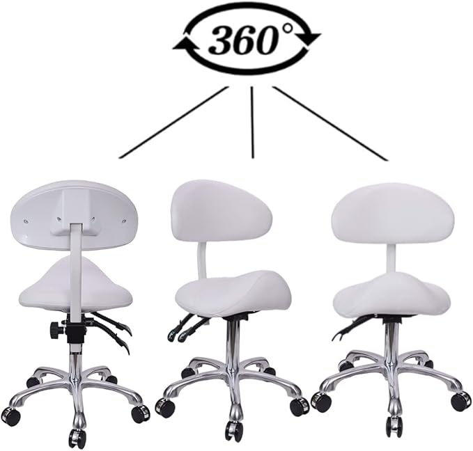 Saddle Stool Chair with Back Rolling Esthetician Seat for Salon Tattoo Shop Spa Facial lash Home Dentist Clinic Esthetician Chair(with Back Support, White)