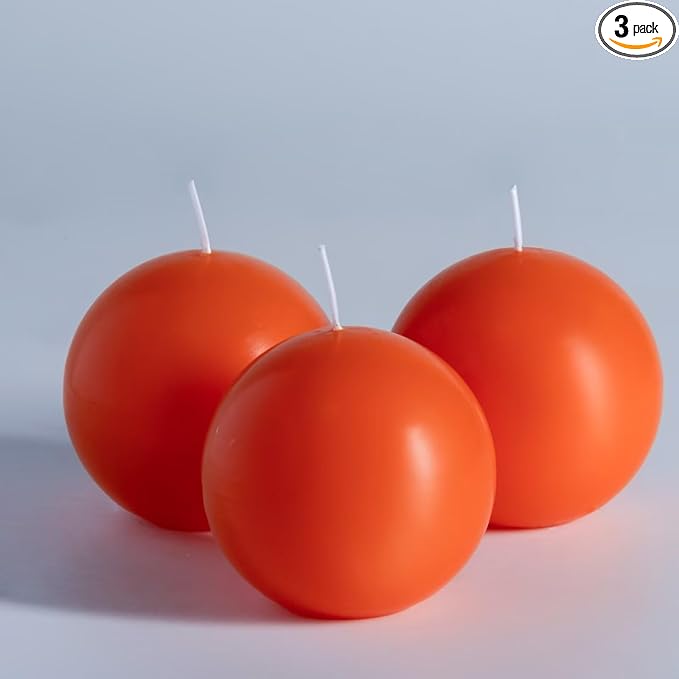 MOZEAL Hand-Poured, 3 Inch Orange Round Ball Candles - Elegant Orange Round Pillar Candles Set of 3, Dripless, Unscented, Smokeless, Ideal for Halloween Decor.