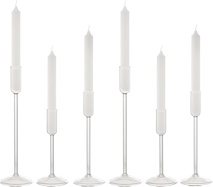Candle Holder, Glass Taper Candle Tall Candlestick Holder, 3 Different Heights, for Table Centerpiece, Wedding, Party, Clear, 6pcs