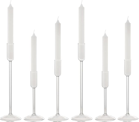 Candle Holder, Glass Taper Candle Tall Candlestick Holder, 3 Different Heights, for Table Centerpiece, Wedding, Party, Clear, 6pcs