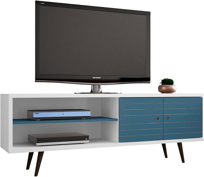 Manhattan Comfort Liberty Mid Century Modern TV Stand for Televisions up to 60 Inches, Bedroom and Living Room Entertainment Center with Storage, Shelves, and Cabinet, 63" Wide, White/Aqua