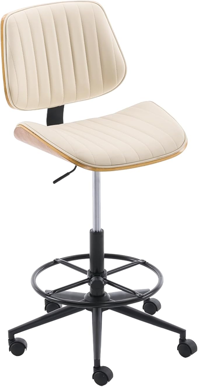 Drafting Home Office Chair, Swivel Desk Chair with Bend Wood Backrest, Ergonomic Office Chairs with Adjustable Height and Footrest Ring for Bar Lab Counter Height Desk and Drawing, Ivory