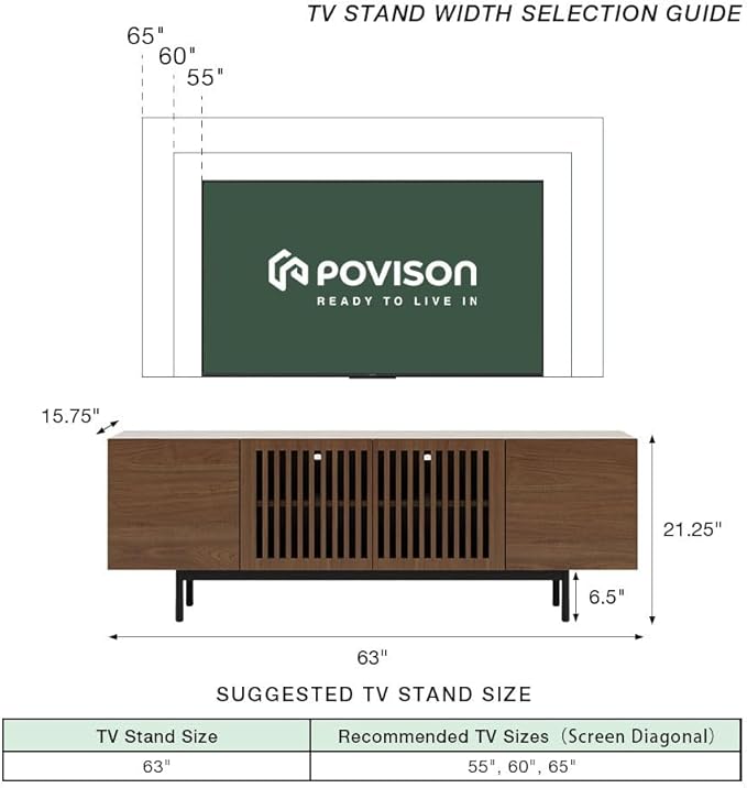 POVISON Fully-Assembled Mid Century Modern Sintered Stone TV Stand, Slatted Media Console TV Cabinet with Tall-cast Metal Legs, Fluted Entertainment Center with Storage (Walnut, 62.99")