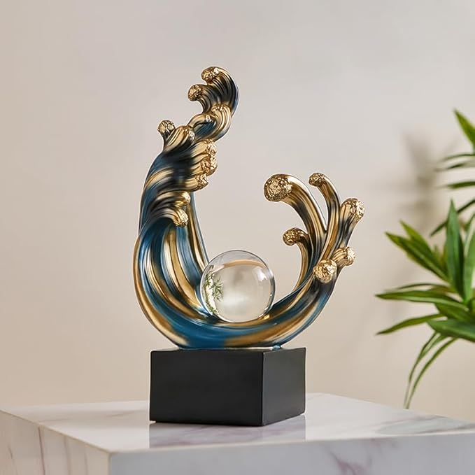 Modern Abstract Decorative Wave Statue, Blue Abstract Art Home Decor,Crystal Ball Art Wave Resin Sculpture, Office Desk Stand, Dining Table Center Decorative Aesthetics(A,Blue)