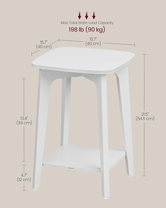 VASAGLE MAEZO Collection - Side Table, 2-Tier Small Square End Table, Nightstand with Tapered Legs, Curved Transitions, for Small Spaces, Living Room, Bedroom, Cloud White ULET236W01