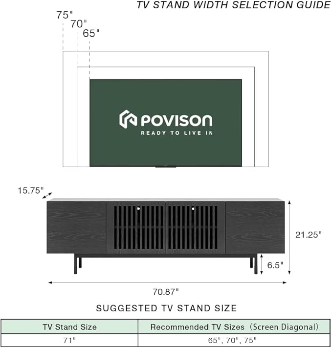 POVISON Mid Century Modern Sintered Stone TV Stand, Slatted Media Console TV Cabinet with Tall-cast Metal Legs, Fluted Entertainment Center with Storage, Fully-Assembled (Black, 70.87")