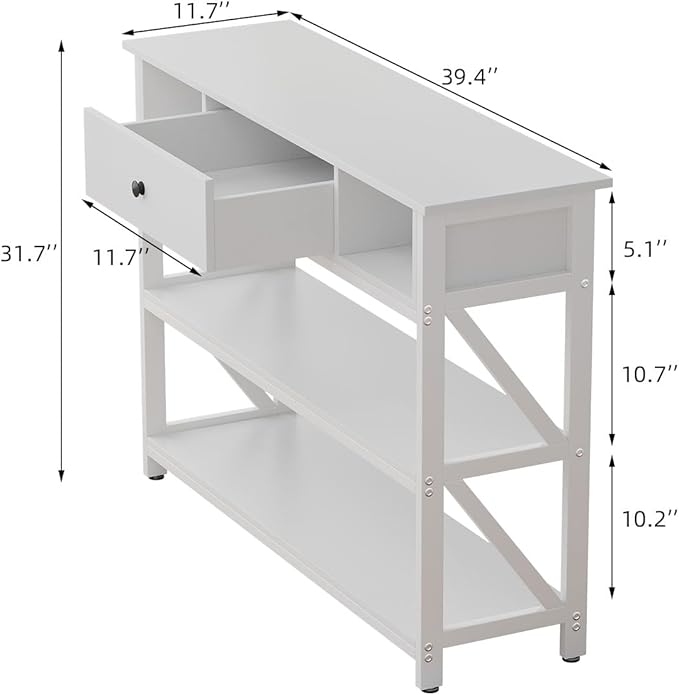 Mexin 39 Inch Console Sofa Table with Drawer, Industrial Entryway Table with Storage Shelves, Storage Organizer for Hallway Living Room Couch Foyer Kitchen Counter, White