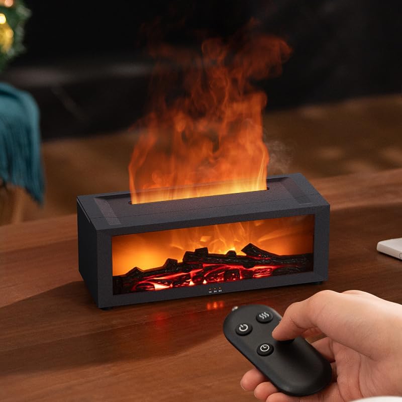 Eseential Oil Diffuser, Fireplace Flame Oil Diffuser - Aromatherapy Aroma Humidifier, Upgrade 7 Flame Colors Noiseless 150ml Remote Control - Perfect for Bedroom Home Office (Fireplace White