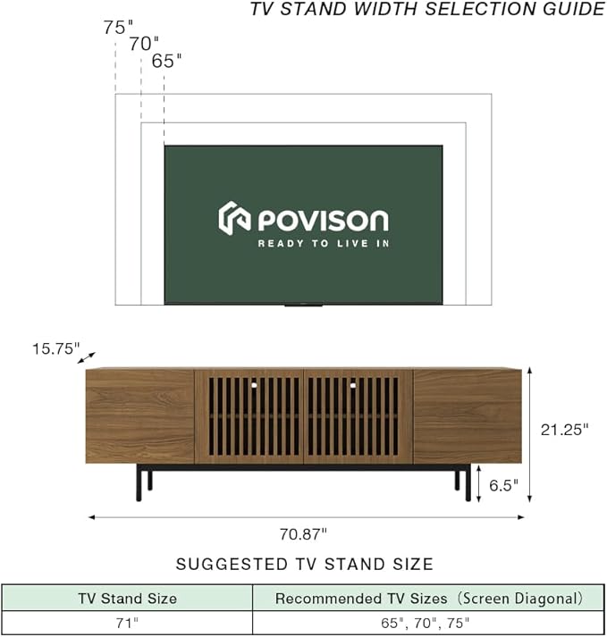POVISON Full Assembled Mid-Century Modern TV Stand with Slatted Doors, Wood Media Console for 65-75 Inch TV, TV Console with Tall-cast Metal Legs, Entertainment Center with Storage for Living Room