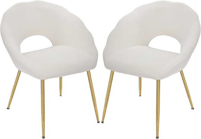 Modern Small Accent Chair Set of 2, Comfy Velvet Vanity Chair with Shell Back & Golden Metal Legs, Decorative Chair no Wheels for Living Room, Makeup Room, Bedroom, Beige