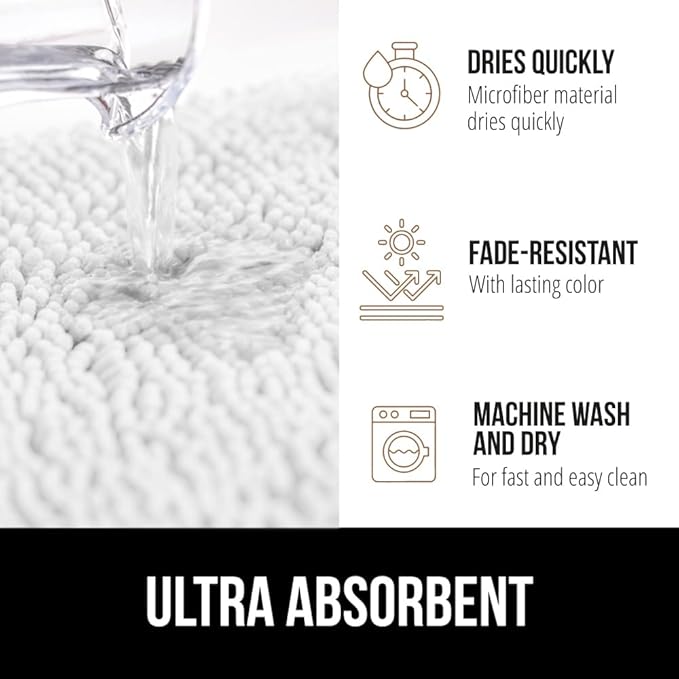 GORILLA GRIP Plush Absorbent Shaggy Chenille Bath Rug Mat for Square Toilet Base with Rubber Backing, Machine Washable Rugs, Soft Microfiber Contour Mats for Toilets, Bathroom Decor, White