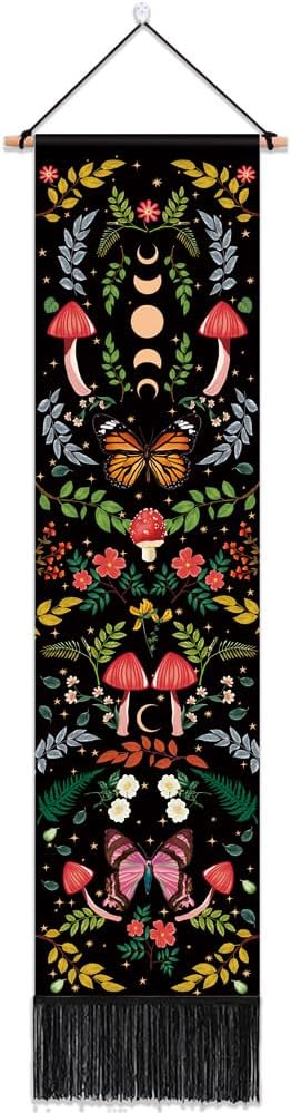 Mystical Long Tapestry Vertical Wall Hanging Cute Botanical Mushroom Moth Butterfly Bohemian Tapestry for Bedroom Aesthetic Moon Phase Plant Wall Tapestries with Tassels Black Room Decor 13x51 Inches