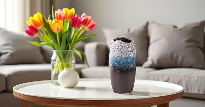 Handcrafted Ceramic Vase – Modern Textured Flower Vase with Gradient Glaze, Rustic Home Décor Accent for Living Room, Office, and Table Centerpiece – Blue, White & Brown