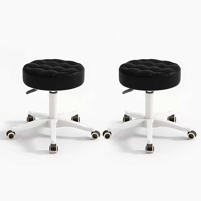 Small Chair Round Rolling Stool with Wheels PU Leather Height Adjustable Swivel Drafting Work SPA Salon Stools Home Office Chair