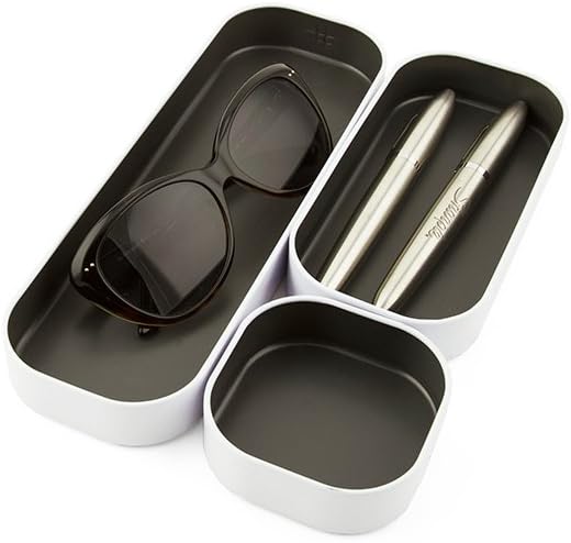 Three by Three Seattle 3 Piece Shallow Metal Organizer Tray Set for Storing Makeup, Stationery, Utensils, and More in Office Desk, Kitchen and Bathroom Drawers (1 Inch, Gray and White)