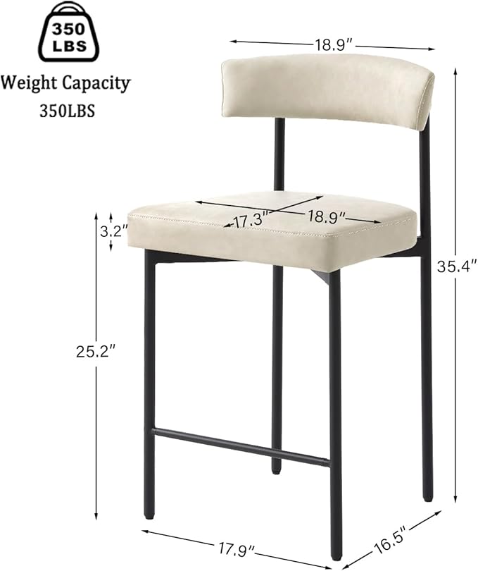 Beige Modern Bar Stools Set of 3, 24 Inch Faux Leather Counter Stools with Curved Backrest, Counter Height Bar Stool for Kitchen Island