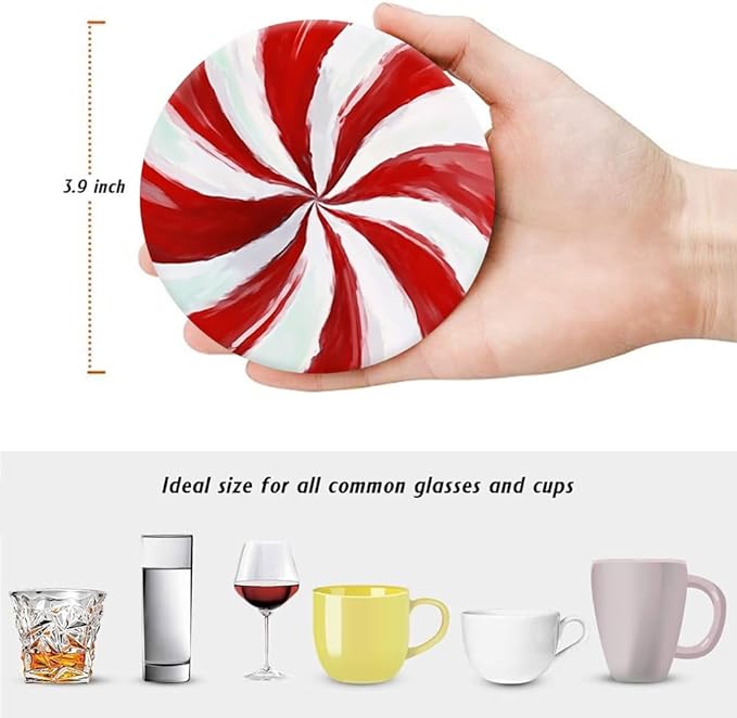 Christmas Drink Absorbent Coasters with Holder Set of 6, Ceramic Stone with Cork Base, Red and White Candy Cane Coaster for Drinks, Gift for Housewarming Room Bar Home Decor Kitchen