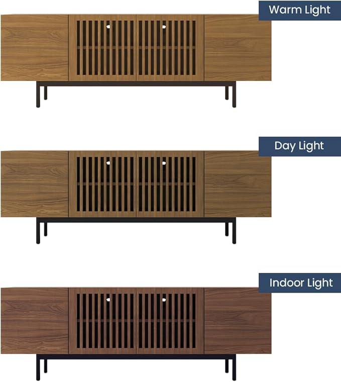 POVISON Full Assembled Mid-Century Modern TV Stand with Slatted Doors, Wood Media Console for 65 Inch TV, TV Console with Tall-cast Metal Legs, Entertainment Center with Storage for Living Room