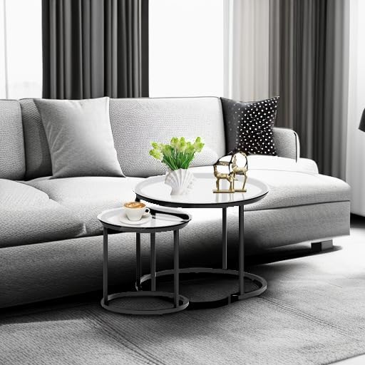 aboxoo Black Nesting Coffee Glass Table Set of 2, Metal Freme Side End Tables for Living Room Bedroom for Apartment Small Place Modern Industrial Simple, 23.6D x 23.6W x 17.7H in