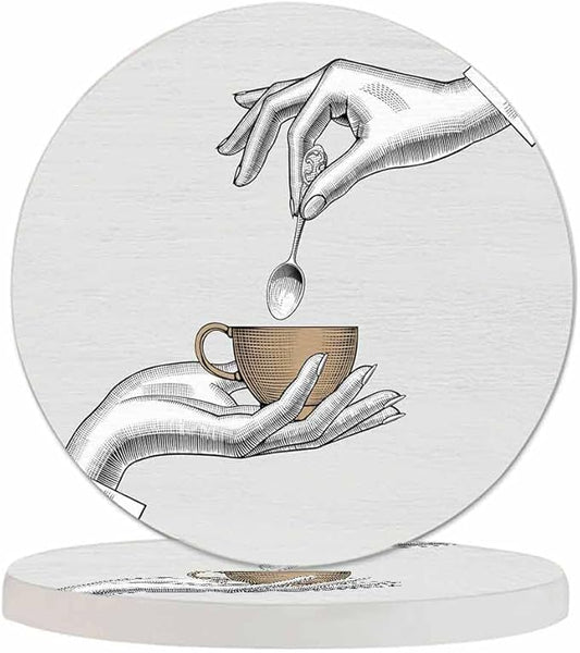 Coffee Cup and Spoon Cup Coasters for Table Vintage Teacup Pair of Hands Stylized Sketch Reusable Drink Coasters Set 2 Pcs Coffee Home Farmhouse Living Room Bar Decor