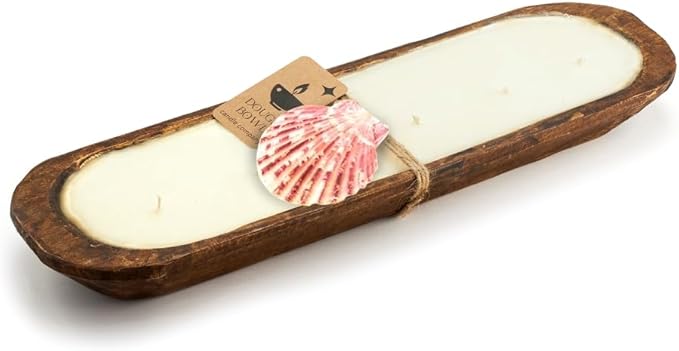 Dough Bowl Candle Co. Beach Linen Soy Candle - 6 Wick Rustic Farmhouse Decor Odor Eliminator in Wooden Bowls, 32 Ounce Wooden Dough Bowl Candle, All-Natural Gifts for Women and Men, Coffee Table Décor