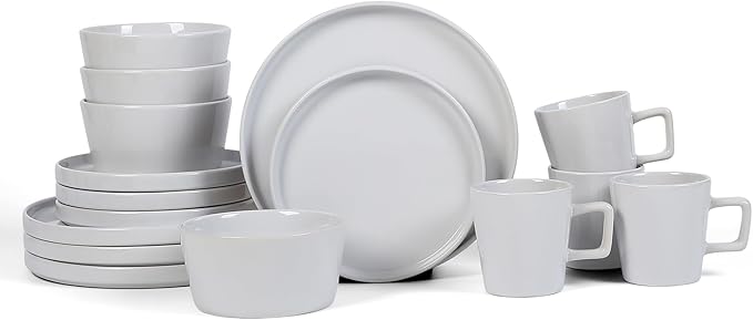 Stone Lain Celina Modern Stoneware 16-Piece Dinnerware Set, Plates and Bowls Set, White Glossy, Dish Set Service For 4