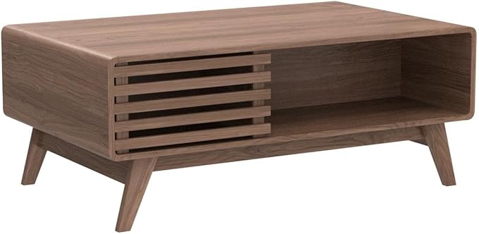 mopio Ensley Coffee Table, Mid Century Modern Table with Storage, Farmhouse Wood Coffee Table for Living Room Fluted (Walnut)