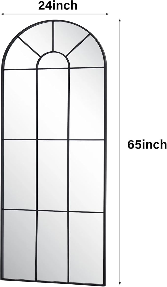 24"×65" Windowpane Arched Full Length Mirror, Grid-Designed Decorative Farmehouse Full Body Floor Mirror with Metal Frame Hanging Leaning for Entryway, Living Room, Home Decor, Black