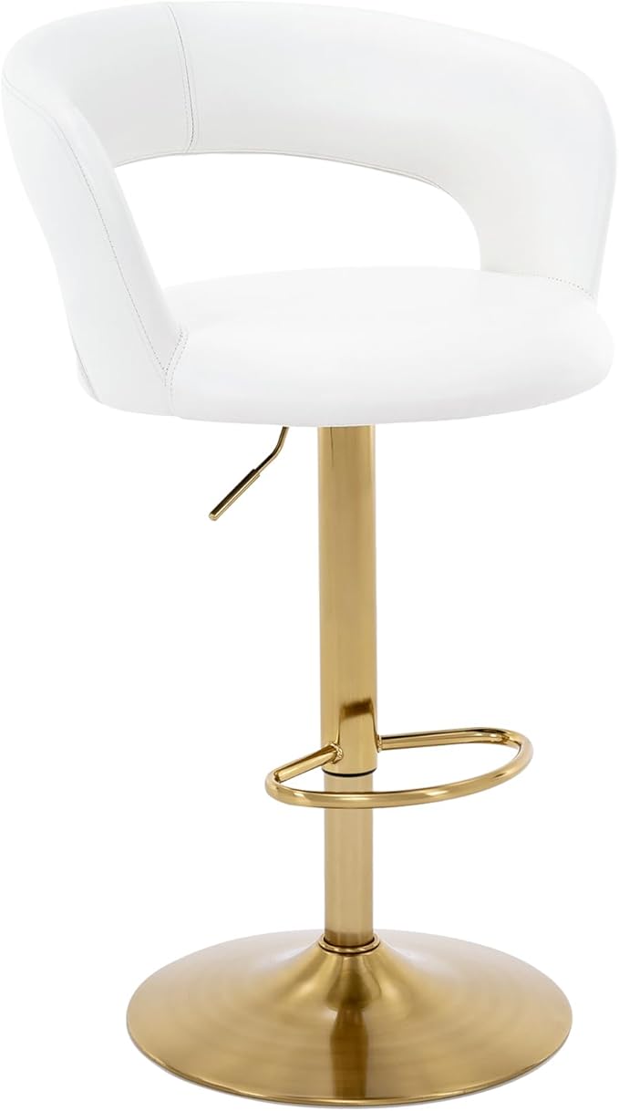 Brage Living Wide Bar Stool, Modern PU Leather Swivel Adjustable Barstool with Hollow Back and Arms, Upholstered Airlift Counter Height Bar Chair for Kitchen Dining (Pearl White, Gold Base)