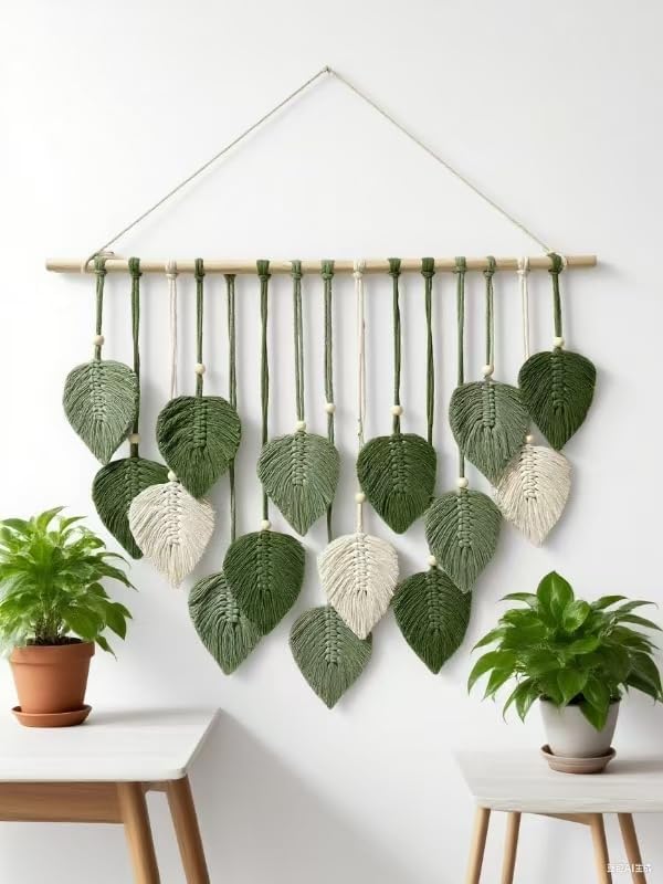 MSFENG Wall Hanging Decor Leaves Tapestry Boho Wall Decor Woven Feather Handmade Yarn Tassels Woven Wall Art Decorations for Nursery, Bedroom, Living Room, Apartment Home Backdrop (LightGreen-M)