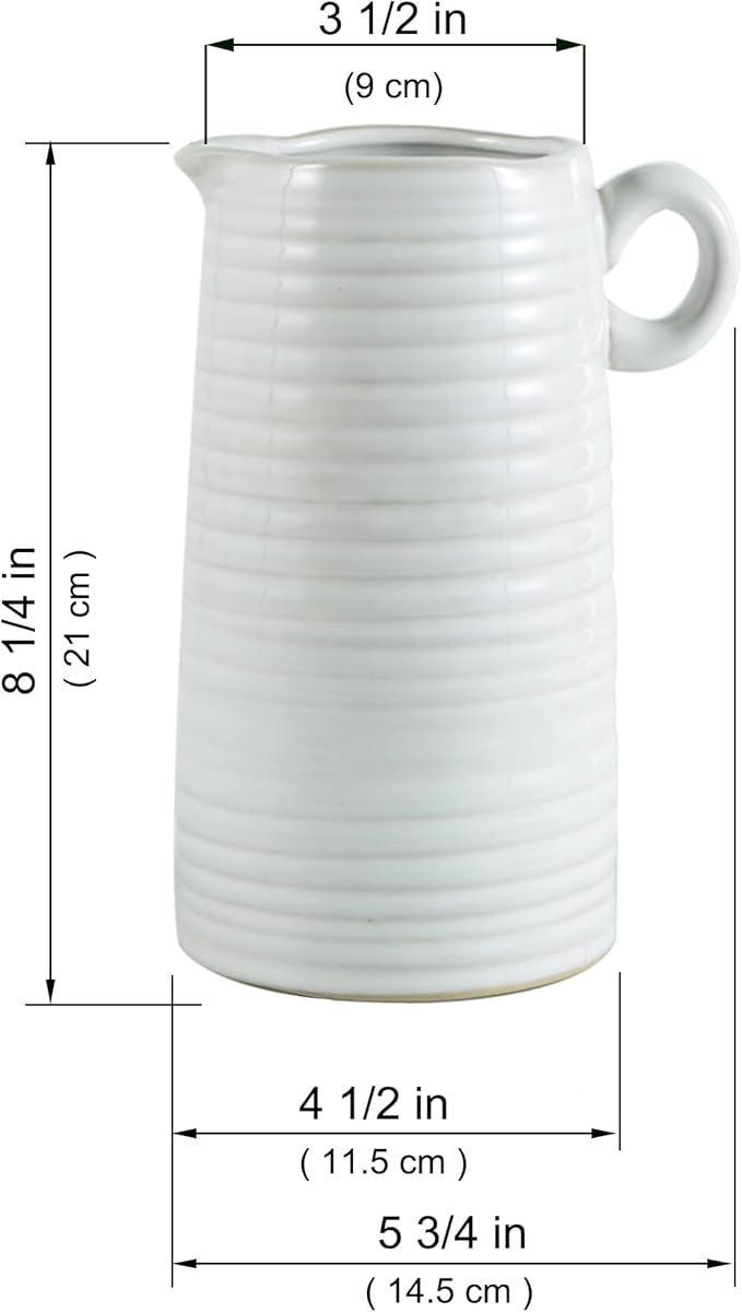 White Ceramic Vase with Small Handle, Modern Farmhouse Pitcher, Milk Jug for Home Decor, Rustic Textured Pottery, Glazed Decorative Centerpiece