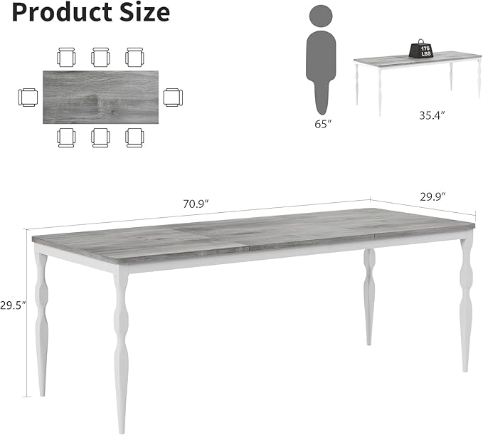 IDEALHOUSE 71 Inch Farmhouse Dining Table for 6-8 People, Rectangular Wood Kitchen Table with Heavy Duty Legs, Kitchen Dining Room Table for Dining Room Kitchen, Wash Grey