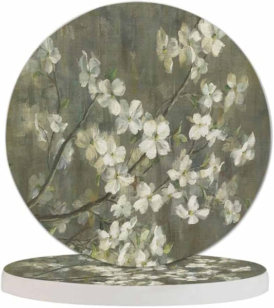 Flowering Dogwood Coaster Oil Painting Design Beautiful Bouquet Floral Bloom Tabletop Protection for Any Table Type Wood, Granite, Glass, Soapstone, Sandstone, Marble, Stone Tables
