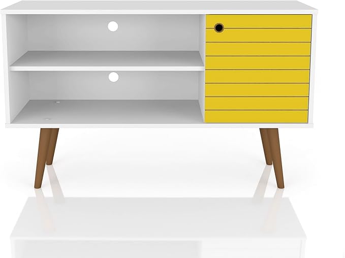 Manhattan Comfort Liberty Mid Century Modern TV Stand for Televisions up to 46 Inches, Bedroom and Living Room Entertainment Center with Storage, Shelves, and Cabinet, 43" Wide, White/Yellow